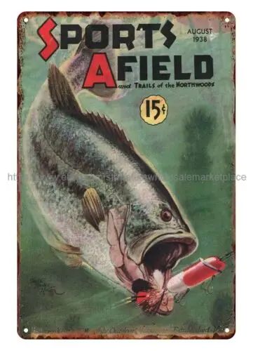 1938 Sports Afield cover art fishing metal tin sign nostalgic  men cave wall art