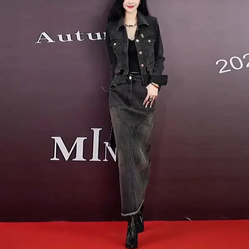 

Autumn Female High Waist Denim Skirt Suit High-end Women Long Sleeves Long Skirts 2PCS Retro LadY Short Maxi Skirt Two-piece Set