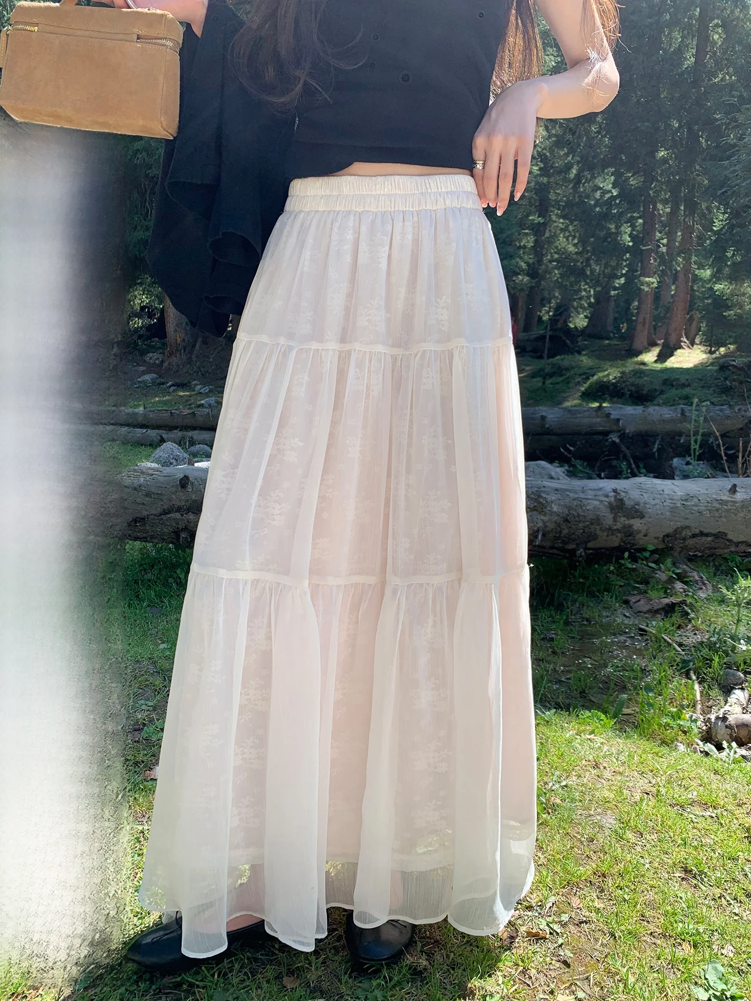 Pusumede Gentle Sister Lightweight Ethereal Lace Half Skirt Women's Elegant A-Line Cake Skirt Wide Hem Long Skirt
