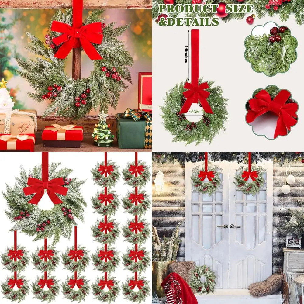 

15 мини-рождественских венков Real Touch, 18 шт., кедр с красными ягодами и бантом, идеально подходит для кухни, шкафов, дверей, окон, стульев