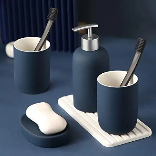 

Hoomtaook 4-Pc Ceramic Bathroom Set with Soap Dispenser, Tumbler, Soap Dish (Blue)