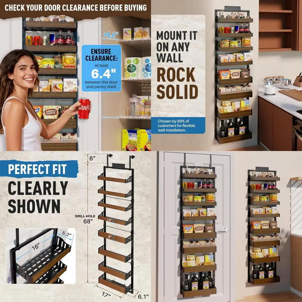 

8-уровневый органайзер для кладовой, крепящийся на дверь | Настенная подставка для специй с защитой от колебаний, регулируемые корзины | Подвесная полка для специй