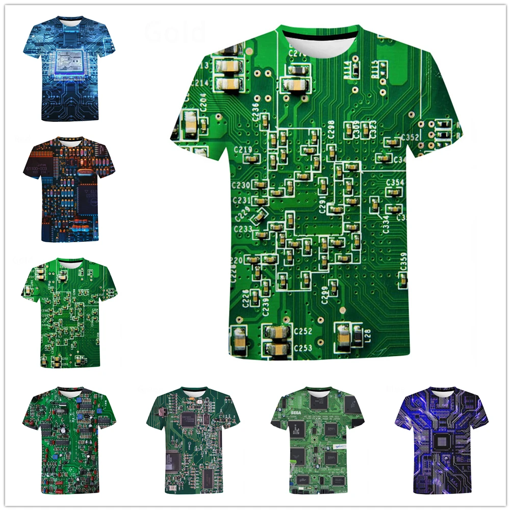 New Fashion Printed Circuit Board 3D Printed T-shirt Men's and Women's Summer Casual Short-sleeved Electronic Chip Shirt Top