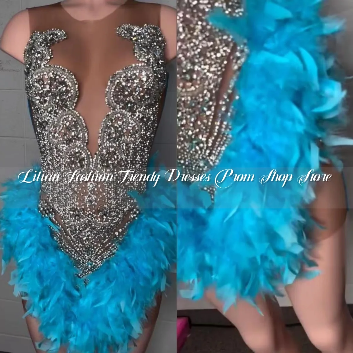 Blue Sparkly Short Prom Homecoming Dresses for Women Luxury Diamond Crystal Feather Birthday Gala Party Gown Black Girl Custom