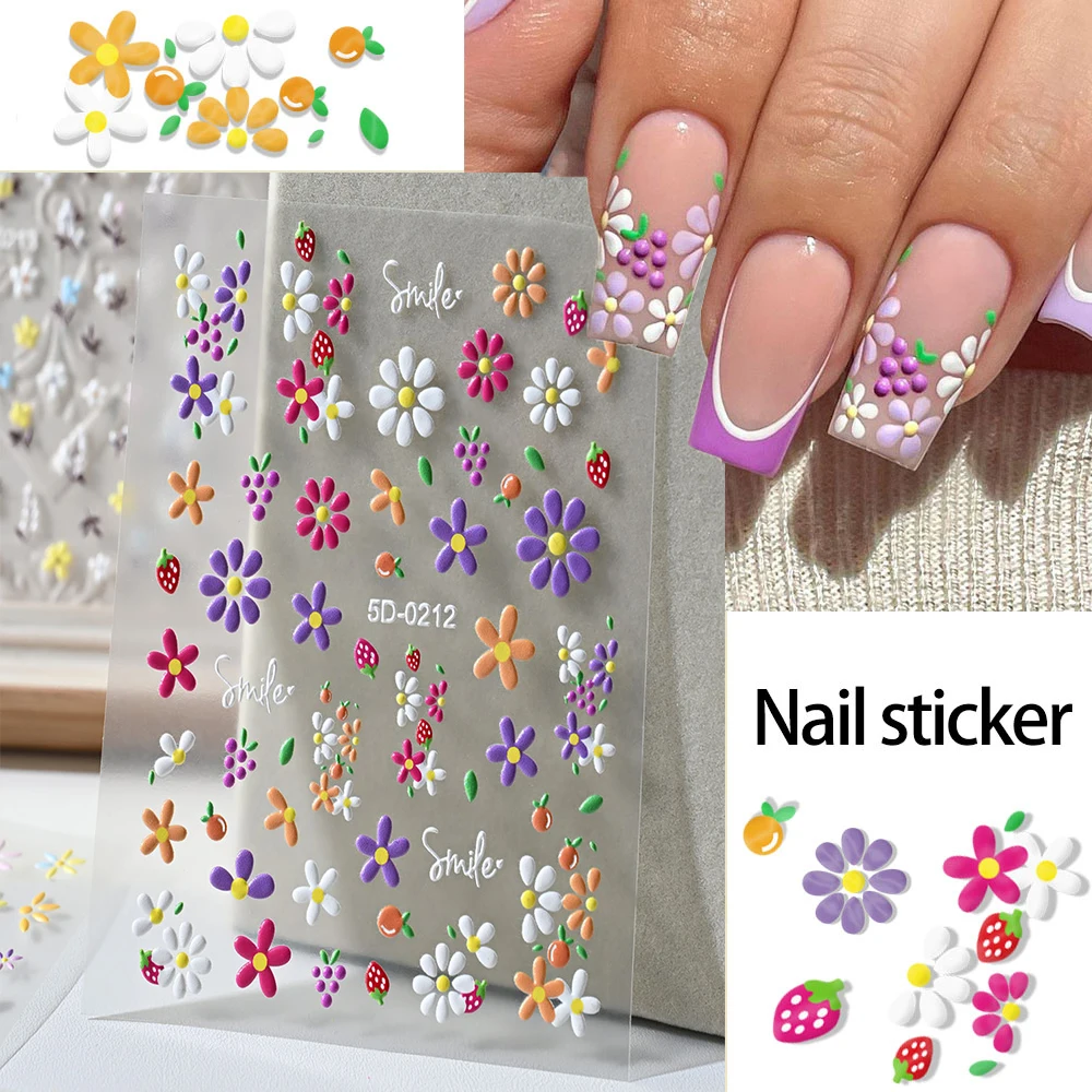 1szt 2025 Nowe naklejki na paznokcie 5D Daisy Flower Purple White Floral Cute Little White Rabbit Emboss Nail Decal Plant Manicure Decor