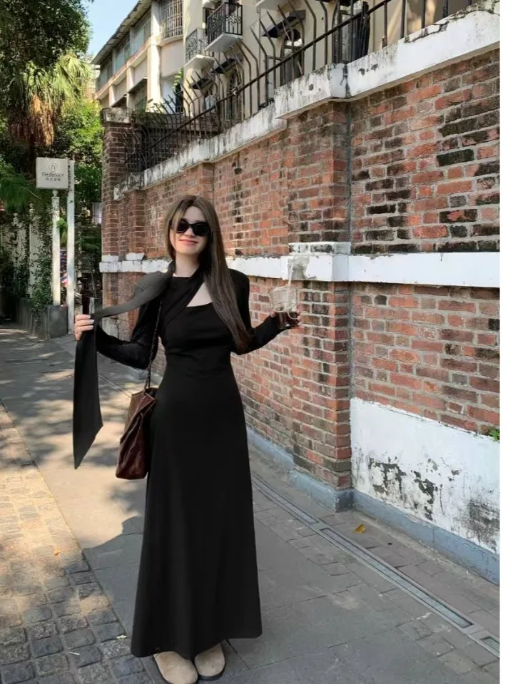 

Женское трикотажное платье больших размеров с длинным рукавом, эластичной талией, А-силуэта, осеннее, новое, в корейском стиле, приталенное, для повседневной носки