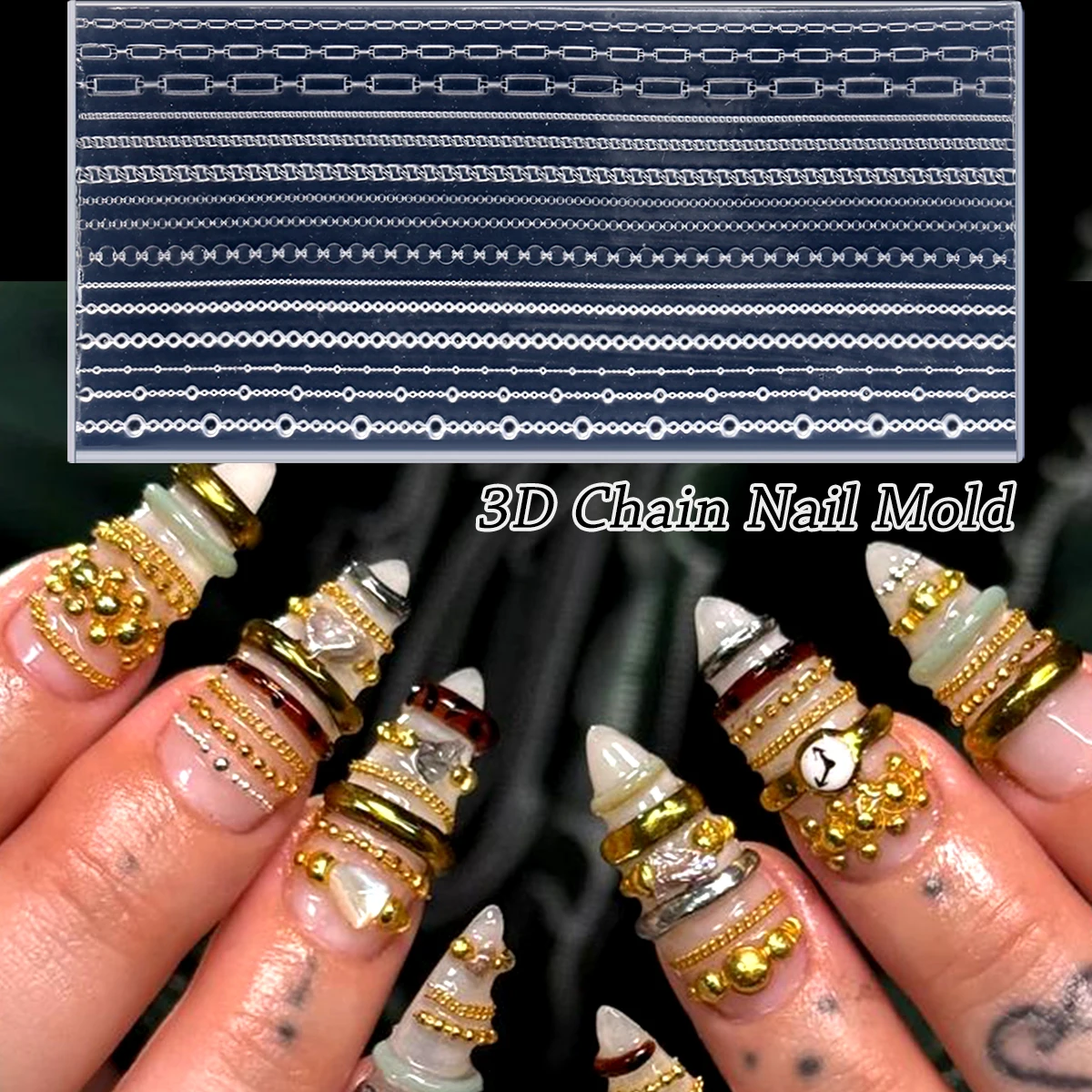 3D-Ketten-Silikon-Nagelform-Set, wiederverwendbare Nagelkunst-Schnitzschablone, doppelseitiger Stift, mehrere Kettenmuster, DIY-Schmuck-Deko – Detail 1