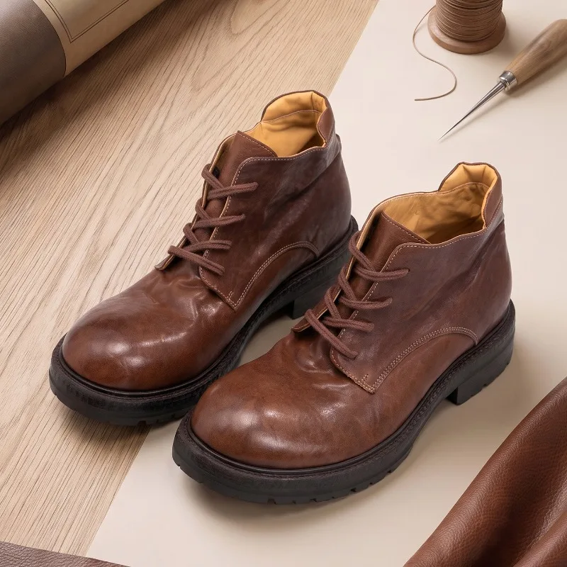 Luxury Handmade Mens Ankle Boots Genuine Leather 2026 Autumn New Platform Fashion Retro Round Toe Laces Up Oxfords Shoes Man