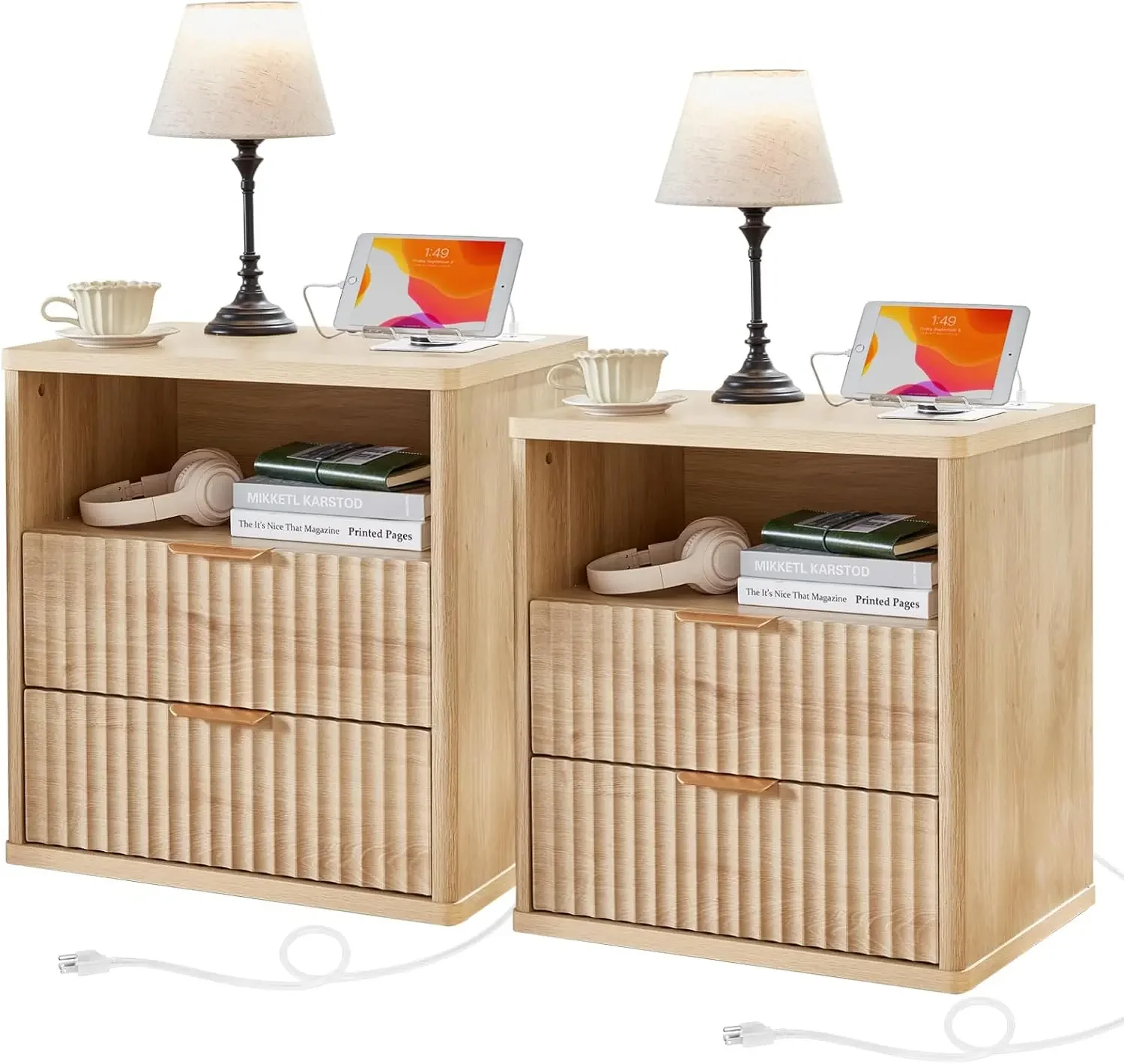 Fluted Farmhouse Nightstand Set of 2 with Charging Station, 23