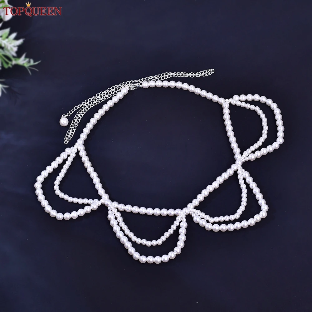 TOPQUEEN Handmade Beaded Women's Waist Chain Adjustable Faux Pearl Wedding Belt Banquet Party Body Jewelry S224