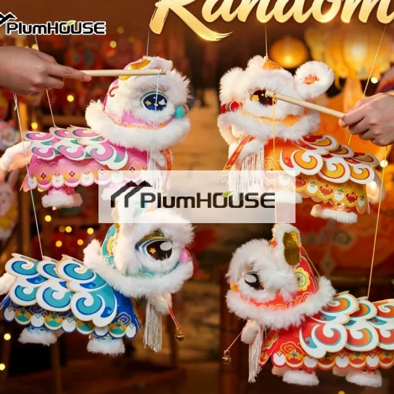 Lion Dance Lantern DIY Handmade Material Kit Glowing Chinese Style Portable Handheld Lamp For Kids Festival Party Home Decor
