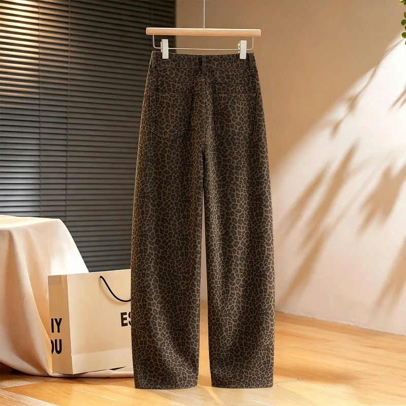 Coffee Leopard Print Jeans Scimitar Pants Women's Jeans 2026 New Autumn High-waisted Loose Washed Denim Straight Casual Trousers