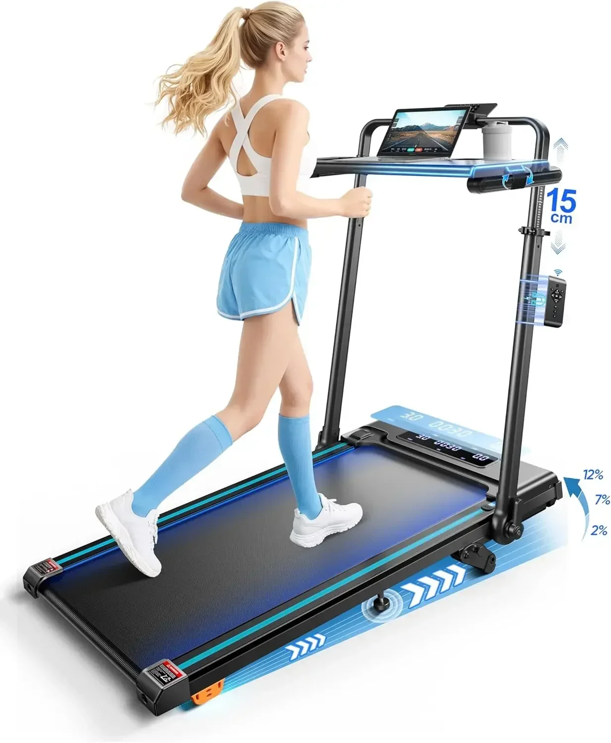 3.0HP Walking Pad Treadmill with Incline 2%-7%-12%, 6 in 1 Foldable Treadmill for Home with Removable Desk, Adjustable Handle Ba