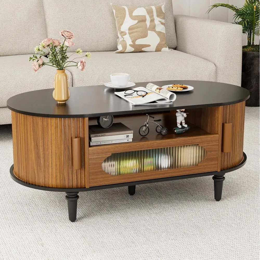 

Round Coffee Table with Storage, Oval Coffee Table with Drawer, Sliding Door, Small Living Room Center Tables, Wooden Bohemian,