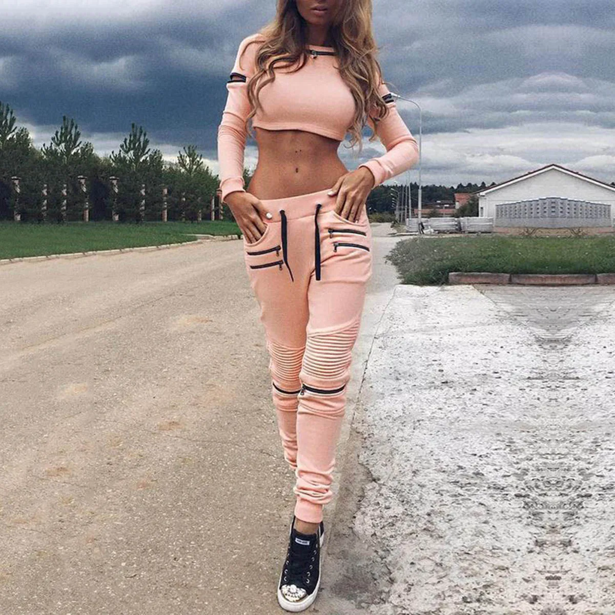 Uoozee Fashion Zipper Hollow Long Sleeves Tees&Pants Suits For Women Casual Drawstring Sports And Yoga ActiveSuits