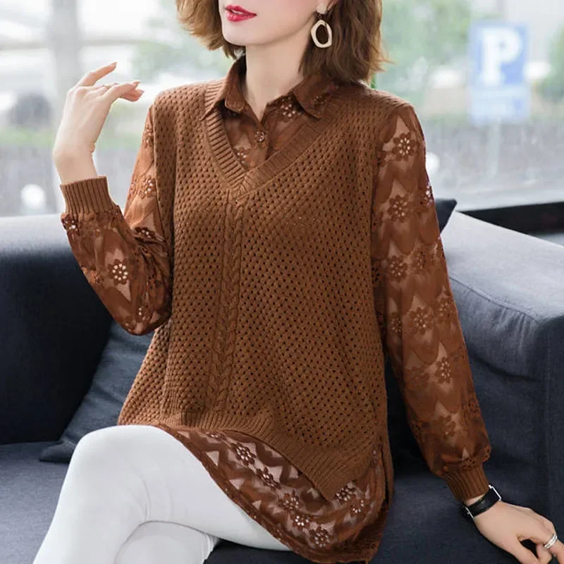 Fashion Fake Two Pieces Knitted Sweaters Shirt Elegant Office Lady Lace Spliced Polo-Neck Blouse Spring Autumn Women's Clothing