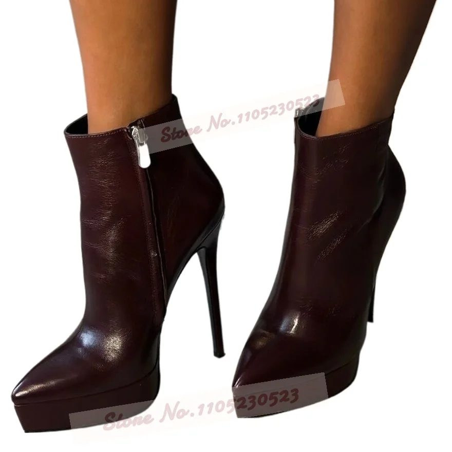 Burgundy Nude Matte Platform Ankle Boots Stiletto Heels Pointed Toe Short Booties Zipped Outside Motorcycle Boots Elegant Shoes view 2