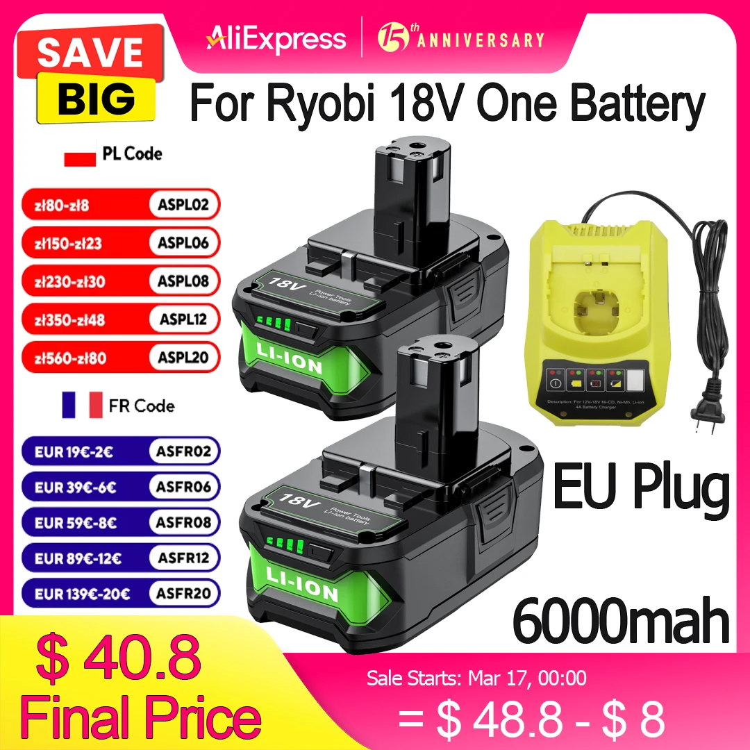 6Ah For RYOBI P108 18V One+ Plus Battery 18 Volt Lithium-Ion Power Tools P104 P107 RB18L50 RB18L20 P108