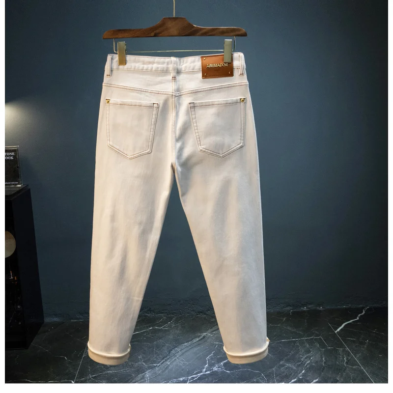 Winter fleece men's jeans 2025 new trend simple solid color casual thick warm little leg pants