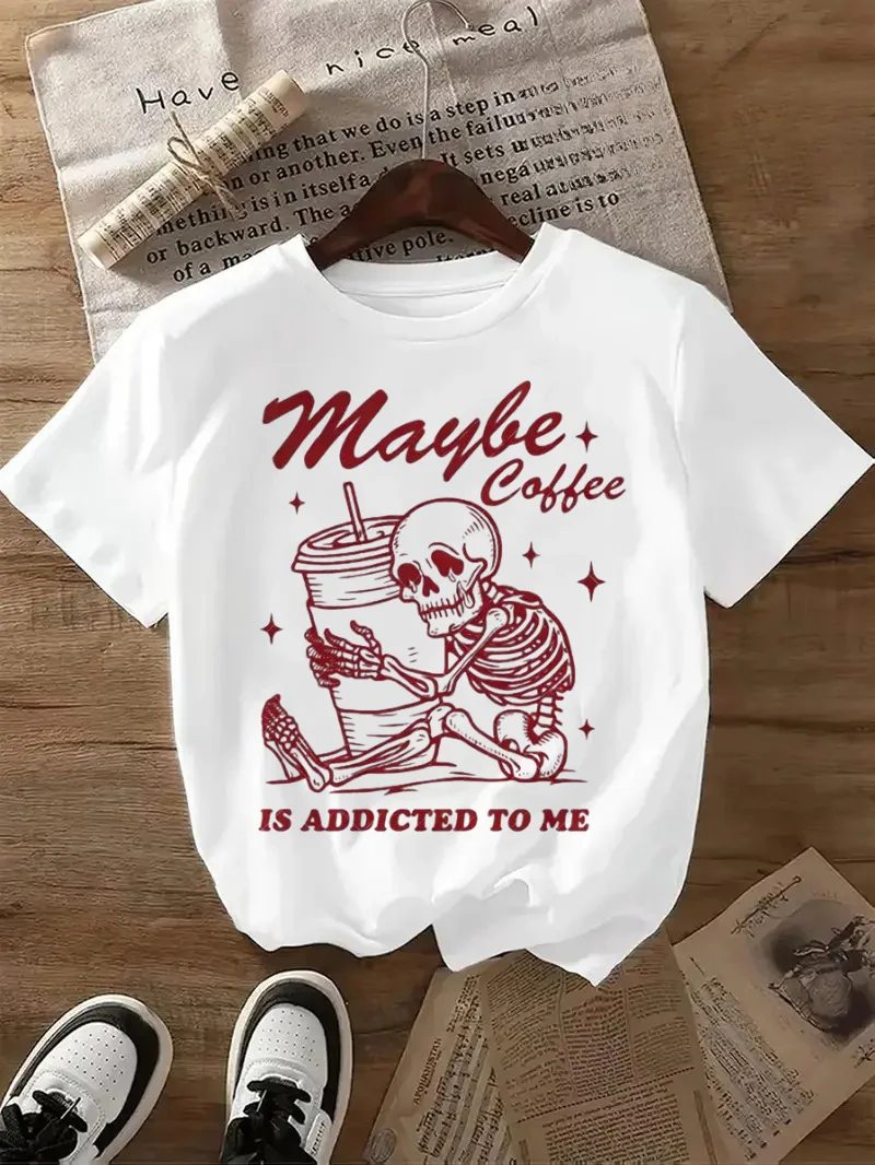 

Модная футболка с принтом черепа и кофейного узора, забавный топ с принтом черепа, повседневная женская футболка с круглым вырезом и коротким рукавом, летняя обычная футболка