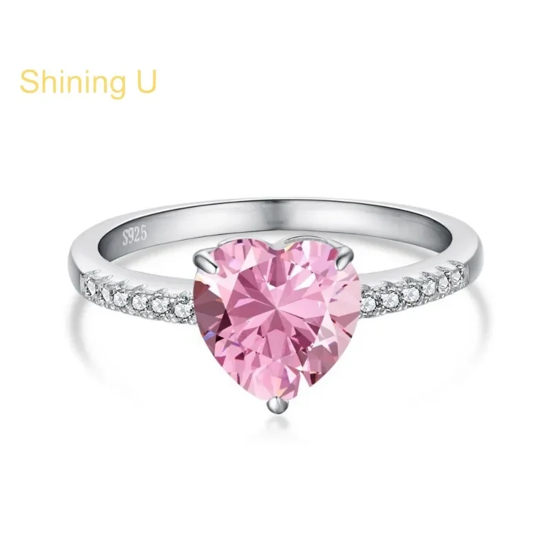 

Shining U S925 Silver 8*8mm Pink Clear Heart Zircon Gems Ring for Women Fine Jewelry Wedding