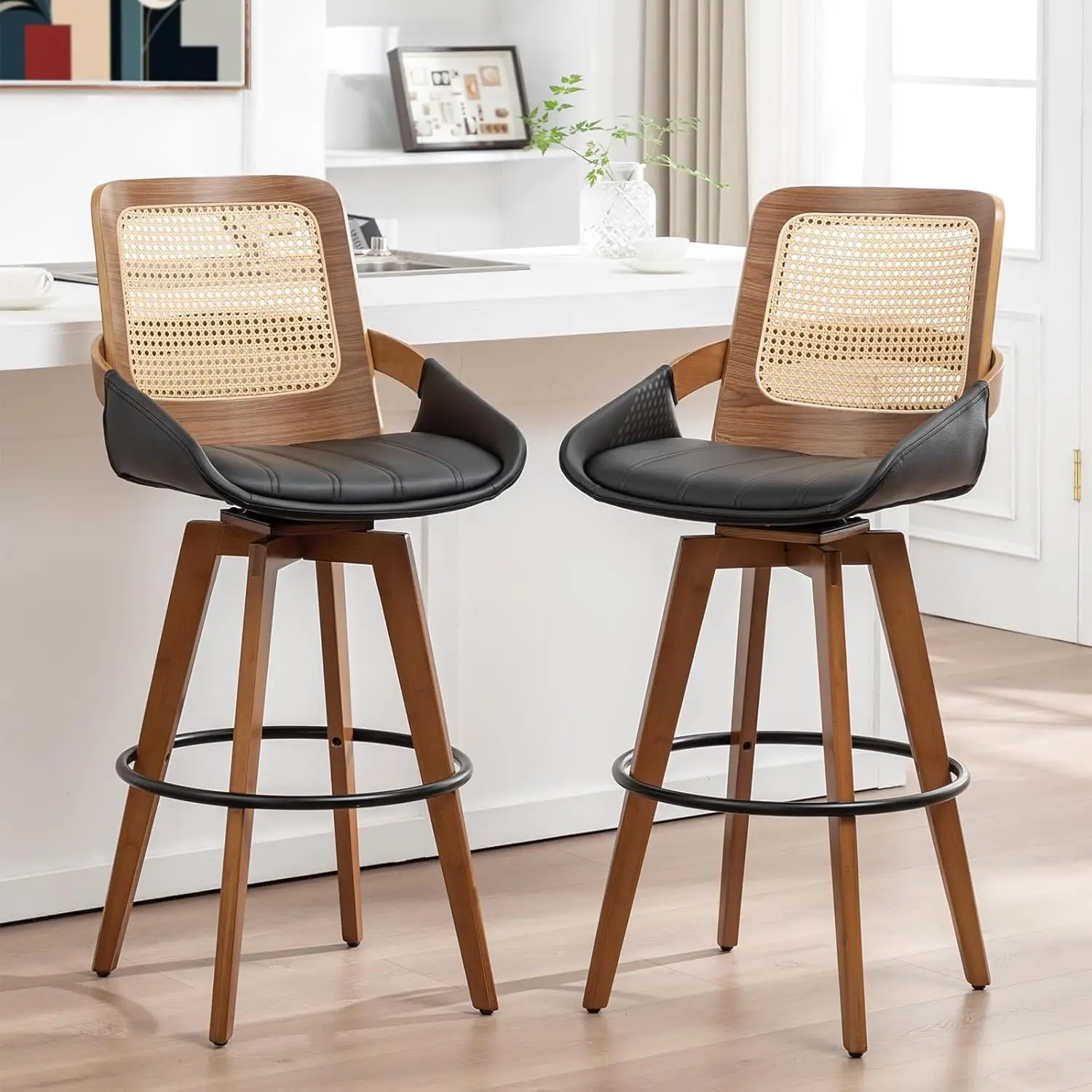 

Набор из 2 барных стульев (29,5 дюймов) с поворотным механизмом, плетеным сиденьем, изогнутыми подлокотниками, обивкой из искусственной кожи, на заказ