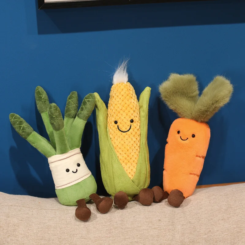 Almohada de Peluche Humanoide de Verdura Sonriente: Muñeco de Maíz, Zanahoria y Espárragos con Patas, Decoración y Regalo