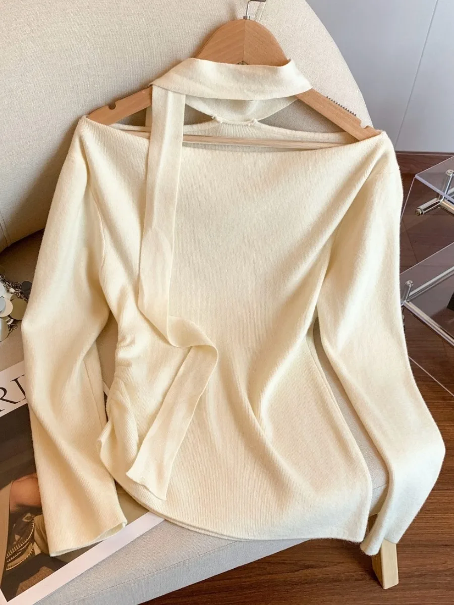 

Retro One oulder Knitted Sweater Women's Long Sve Spring Autumn Faion Small Waist Inward Hanging Ne e Top