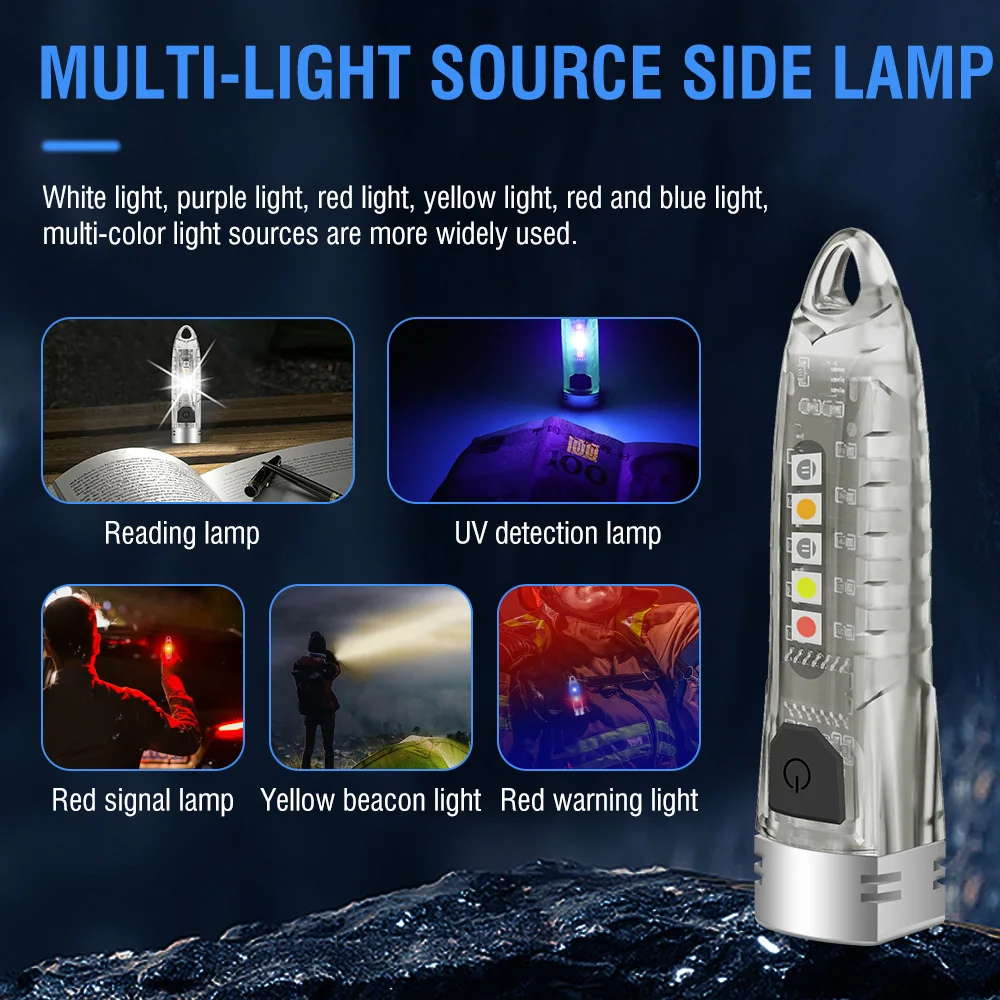 BORUiT V1 LED Keychain Portable Fluorescent EDC Flashlight Work Light Type-C Rechargeable Mini Torch UV Camping Pocket Lantern