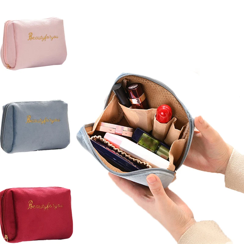 Women\'s Cosmetic Bag Zipper Velvet Beauty Makeup Bags Travel Female Girl Brush Lipstic Storage Toiletry Kit Pouch Toiletry Bags