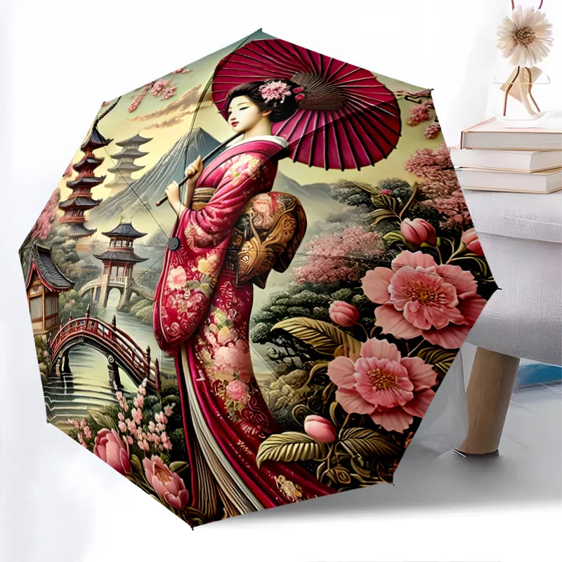 

Japanese geisha folding Umbrella Fashionable Auto-Open Design 8 Iron Ribs Plastic Handle Foldable Sunshade Perfect Gifts