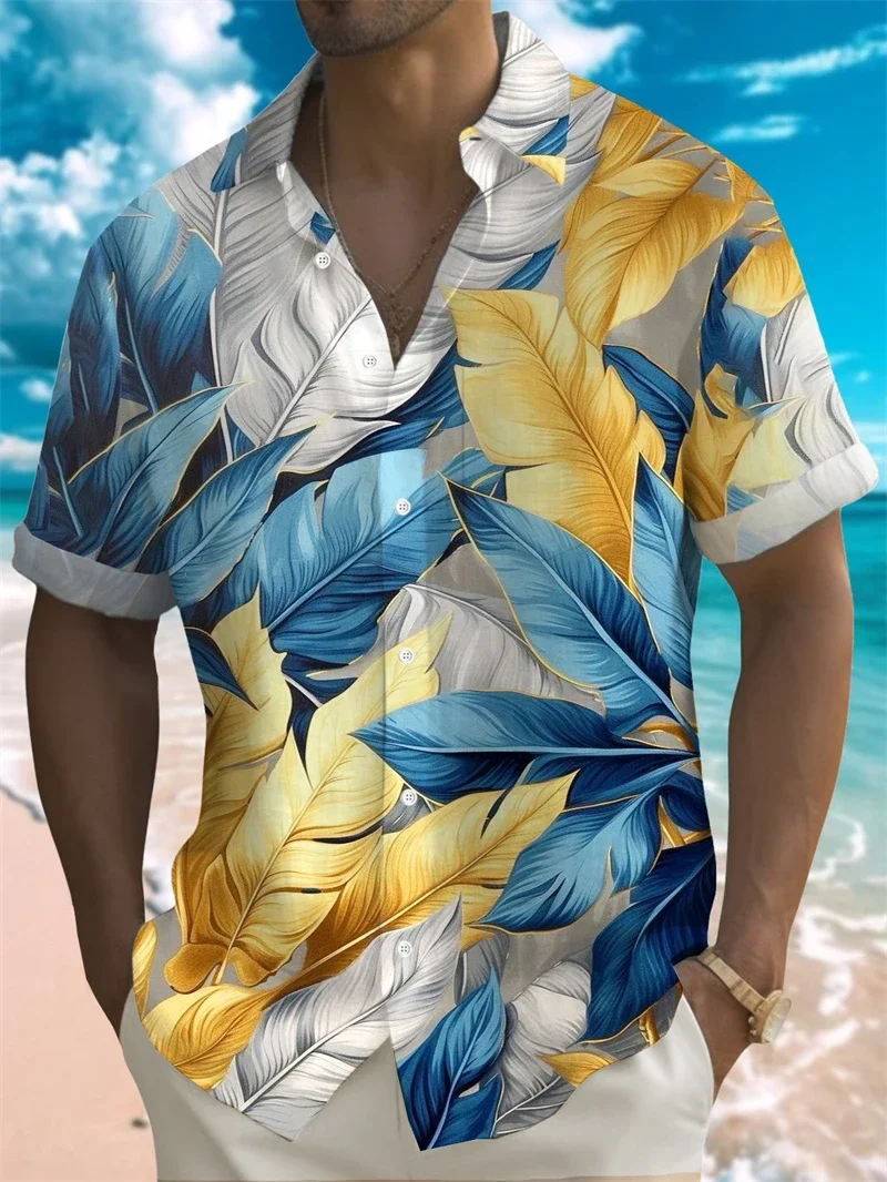 Camisa masculina de verão com estampa 3D de penas coloridas manga curta camisa havaiana com botões sem bolsos camisas para mulheres