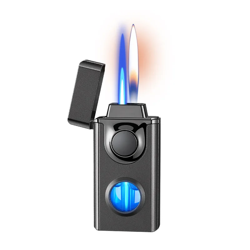 Voice-activated Double Flame Lighter, Blue Light Transom, Straight Into Open Flame, Airflow, Gravity, 4 Ignition Methods, Metal