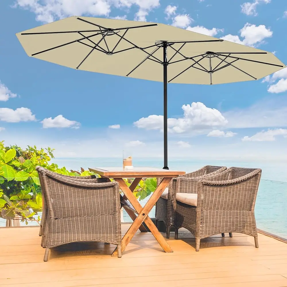 

15Ft Large Patio Umbrella With Base Luded, Double-Sided Outdoor Market Rec Umbrellas Oversized Shade For 2-8 People, Weighted
