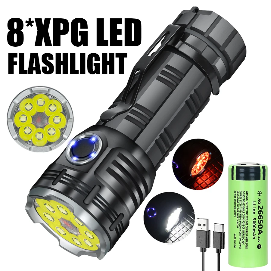 Powerful Mini LED Flashlight 8 * XPG Beads Tail Magnet Torch Type-C Rechargeable Outdoor Multifunctional Camping Emergency Lamp