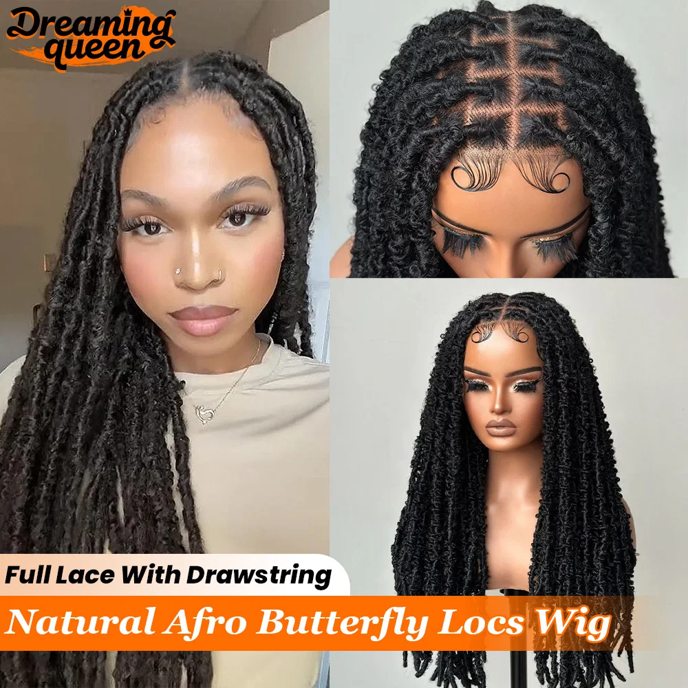 

Natural Afro Butterfly Locs Synthetic Invisi Drawstring Wig 180% Density Full Lace Knotless Bohemian Braided Curls Wig Brazilian