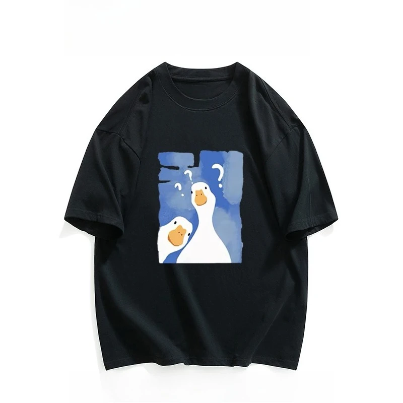 HOT SALE Funny Big White Goose Printed Cotton T-shirt for Men and Women Casual Breathable Loose Round Neck T-shirt Top Y2K Top