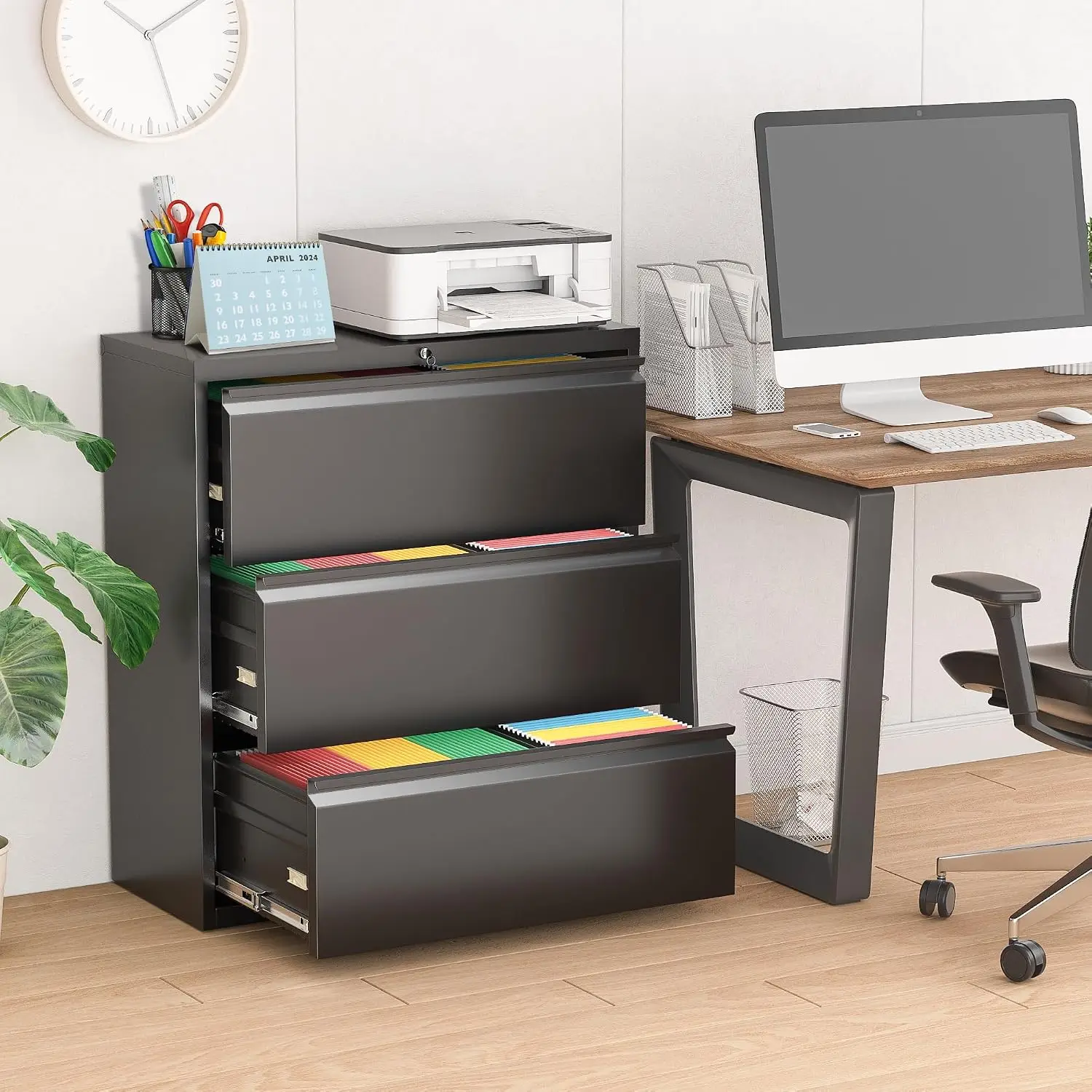 Metal Lateral File Cabinet with Lock, Steel Lateral Filing Cabinet 3 Drawer, Locking Office Home Wide Organization File Cabinet