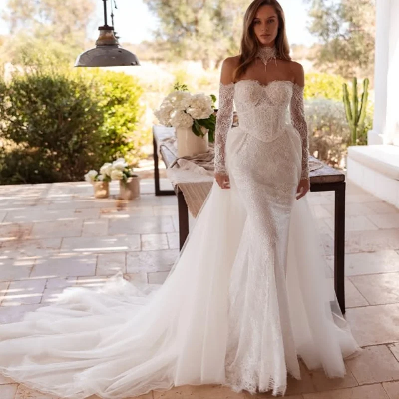 Shiny White Appliques Wedding Dresses long sleeves mermaid skirt detachable train Lace decal Gowns Made wedding dress