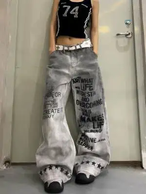 Autumn Vintage Letter Printed White Straight Jeans For Men Y2K Vintage Streetwear Wide Leg Jean Hip Hop Fashion Denim Pants