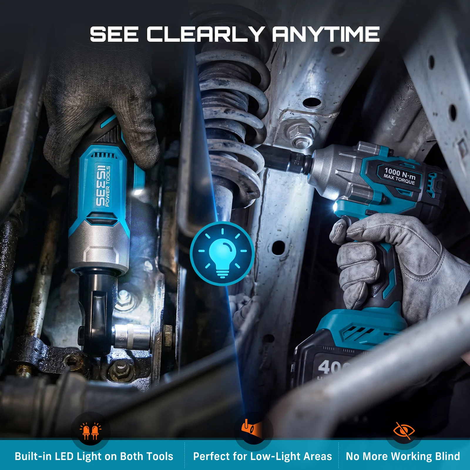 Seesii 3/8' Ratchet Wrench & 1000N.m Impact Wrench Kit Extended Cordless Electric Brushless 6' Neck 74 Ft-lbs Torque Impact Gun With 21v 4.0Ah Battery