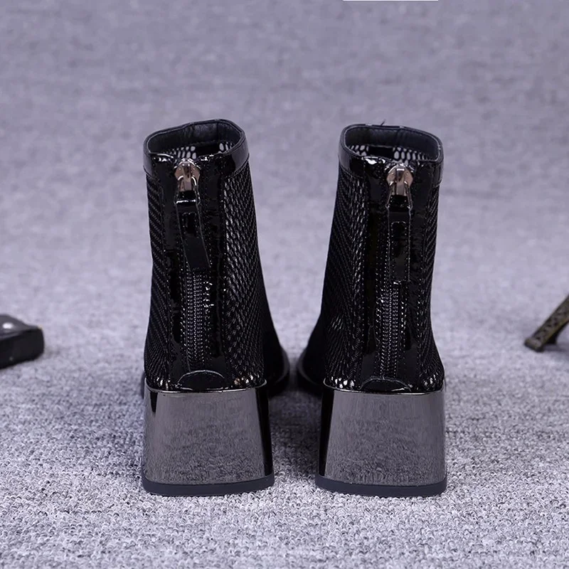 2024 New Summer Ankle Mesh Breathable Shoes Women Cool Hollow Mid-heel Sandals Short Boots Fashion Sexy Ladies Sandals