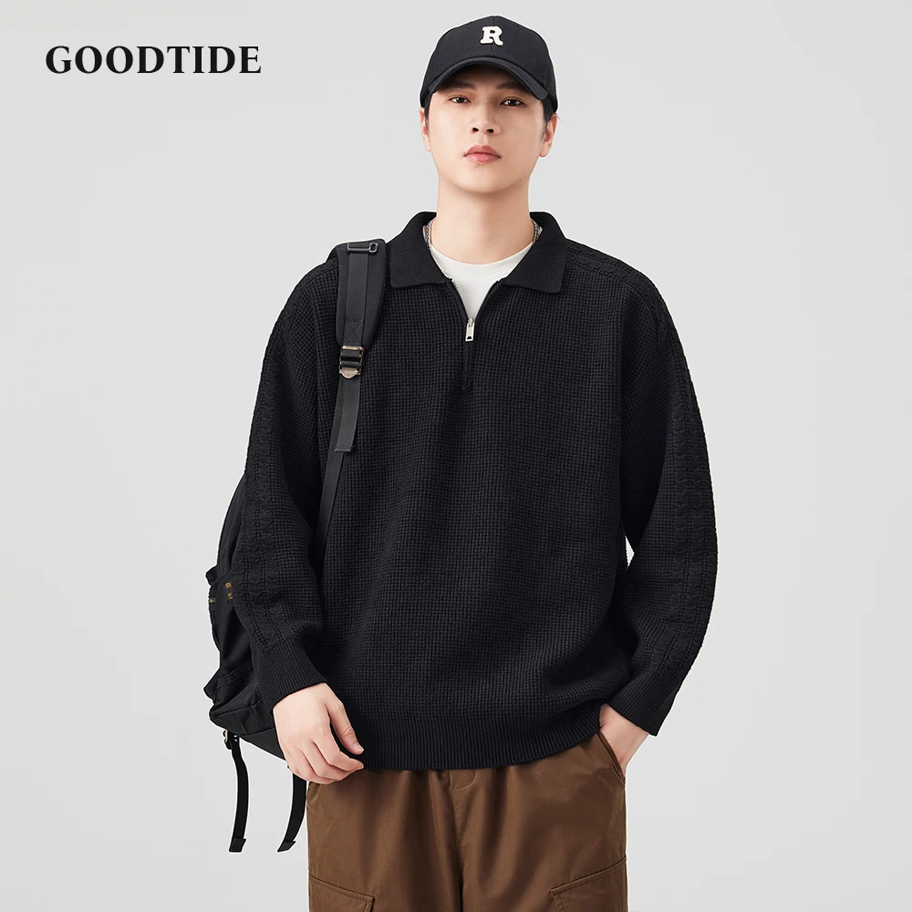 Fashion Men's Casual Polo Collar Half - Zip Sweater 2025 Autumn Winter New Waffle Knit Pullover Soft Long Sleeve Jumper Top