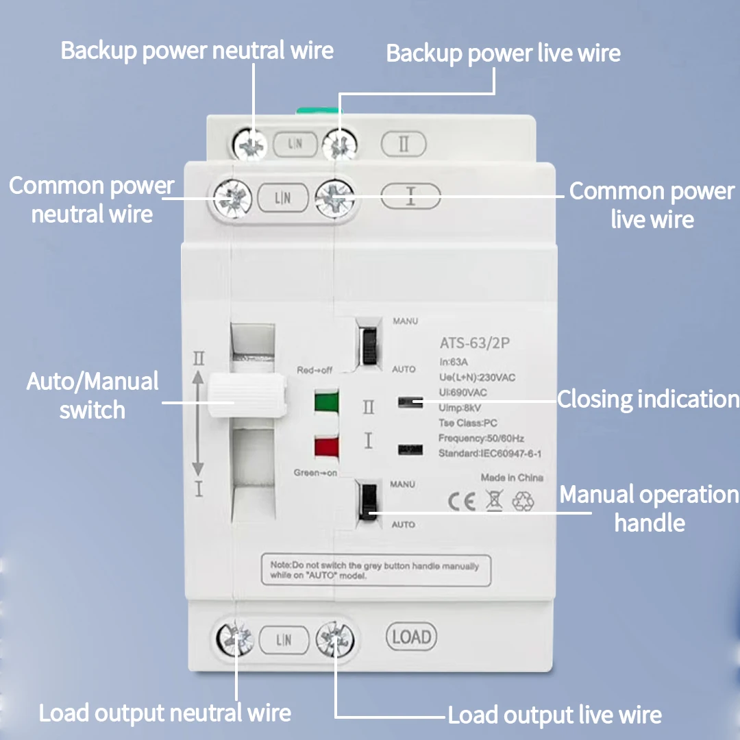 ATS 220V PC Dual Power Automatic Transfer Switch 2P 4P 63A Household Power Transfer Switch 50/60Hz