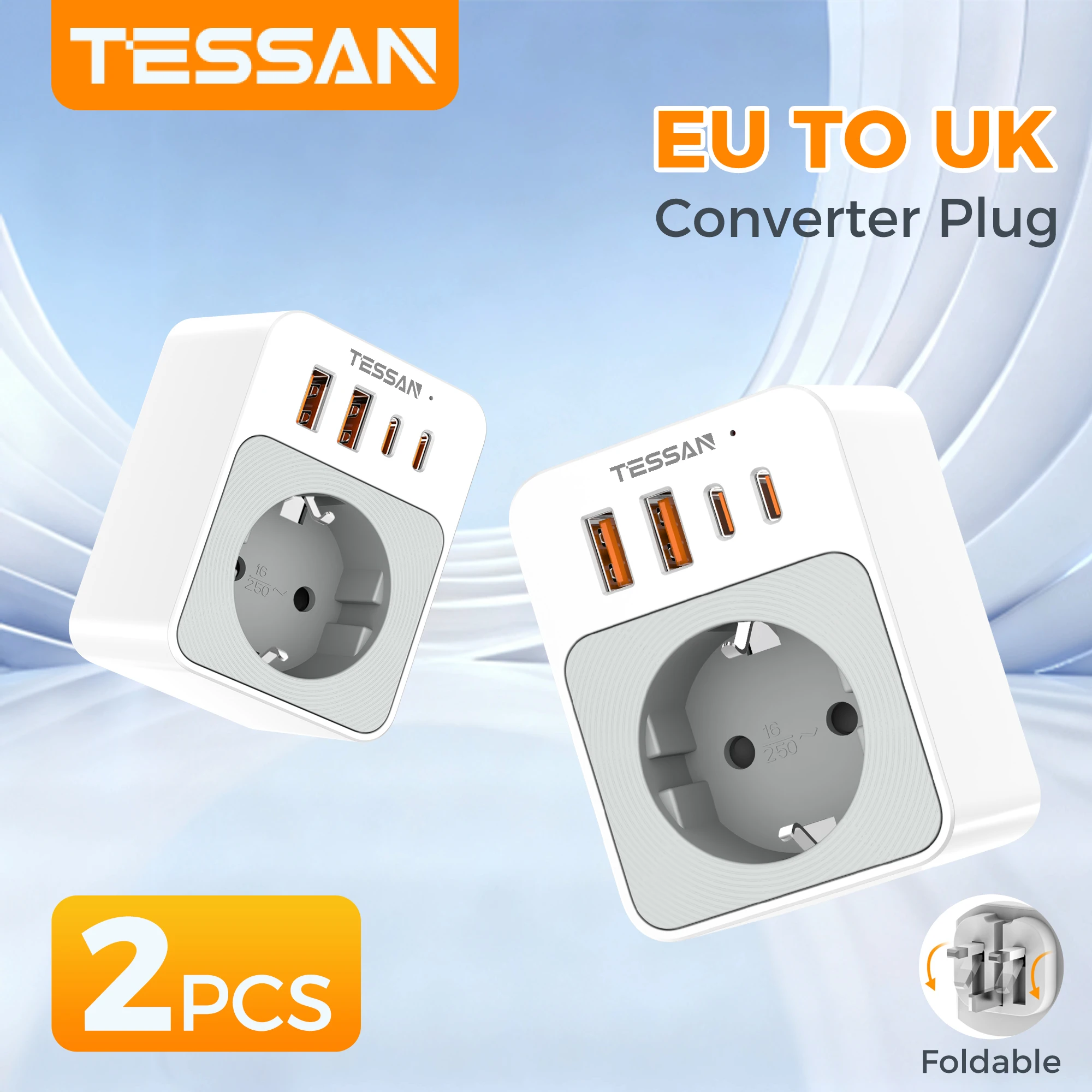 

TESSAN 2 шт. адаптер для путешествий из ЕС в Великобритании, складная вилка стандарта Великобритании с 2 портами USB C 2 USB A, адаптер для быстрой зарядки 20 Вт типа G для Великобритании, Ирландии