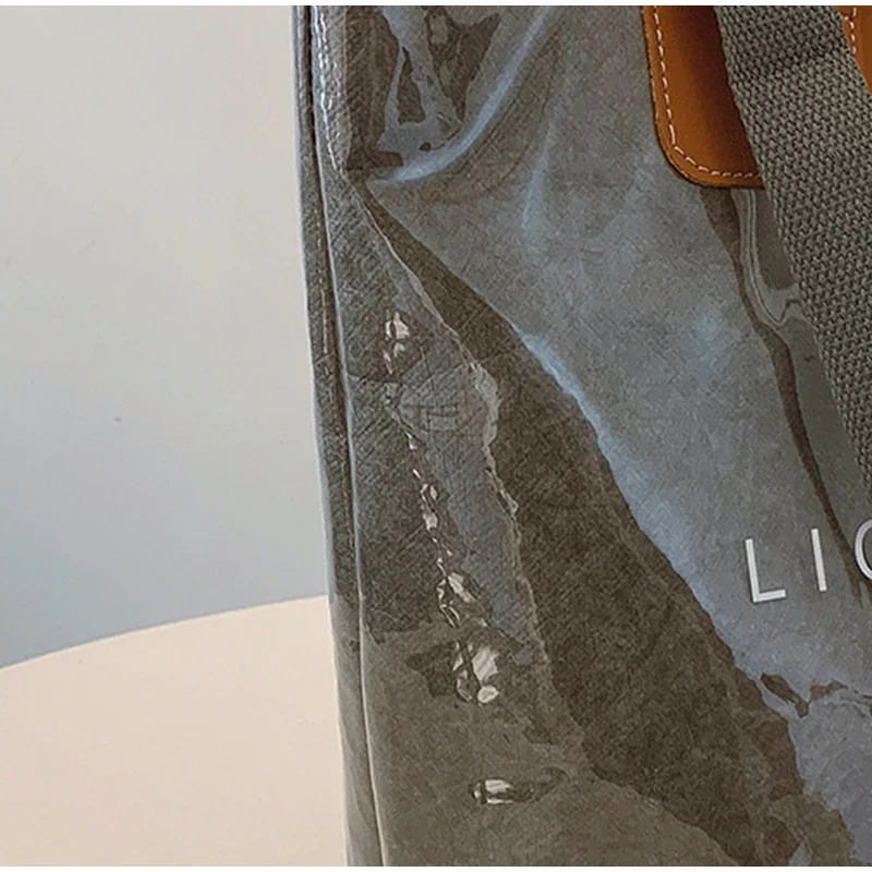 Klare Tragetasche aus PVC-Kraftpapier mit Farbkontrast, luxuriöse Vintage-Hobo-Umhängetasche, wasserdichte Shopper-Handtasche mit Buchstaben oben – Detail 27