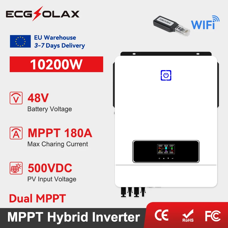 ECGSOLAX 10.2KW onduleur hybride solaire 48V 230Vac avec double chargeur solaire MPPT 180A onduleur solaire hybride à onde sinusoïdale Pure hors réseau