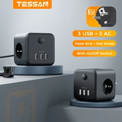 TESSAN Power Cube Multi Outlets Extender with 3 Outlets 3 USB Ports 1.5M Extension Cord EU KR Plug Tee Socket Adapter