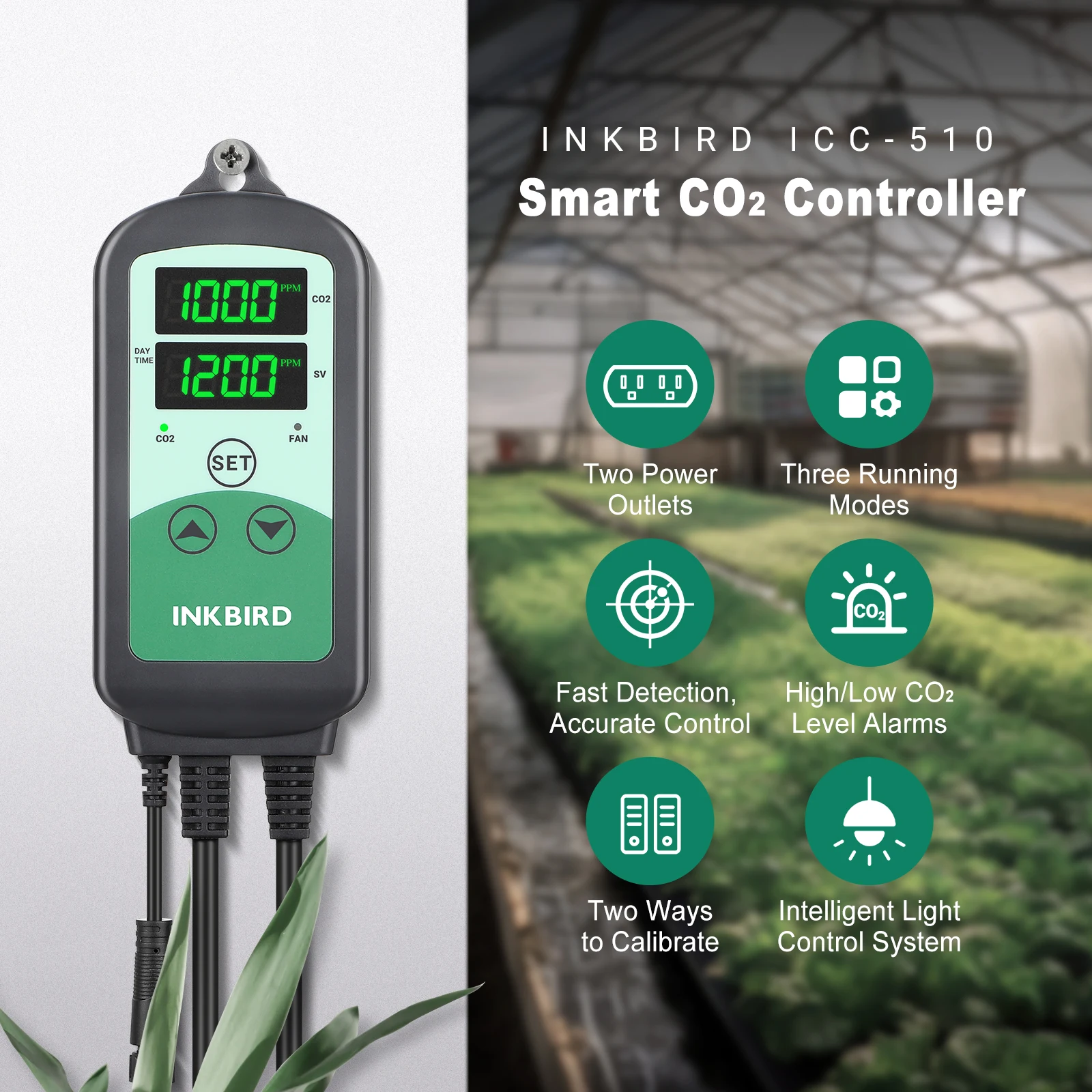 INKBIRD ICC-510 Carbon Dioxide Controller 2 Outlets for CO2 Generator and Ventilation Fan Smart CO2 Controller for Greenhouse