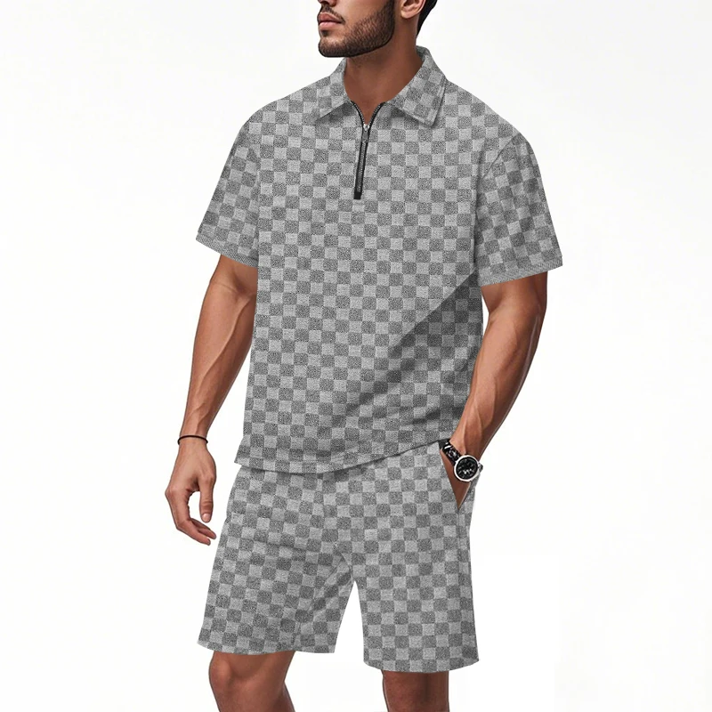 

Men's suit with checkered pattern 1/4 zip polo shirt short sleeve and shorts two-piece set | Summer casual set (multiple colors)